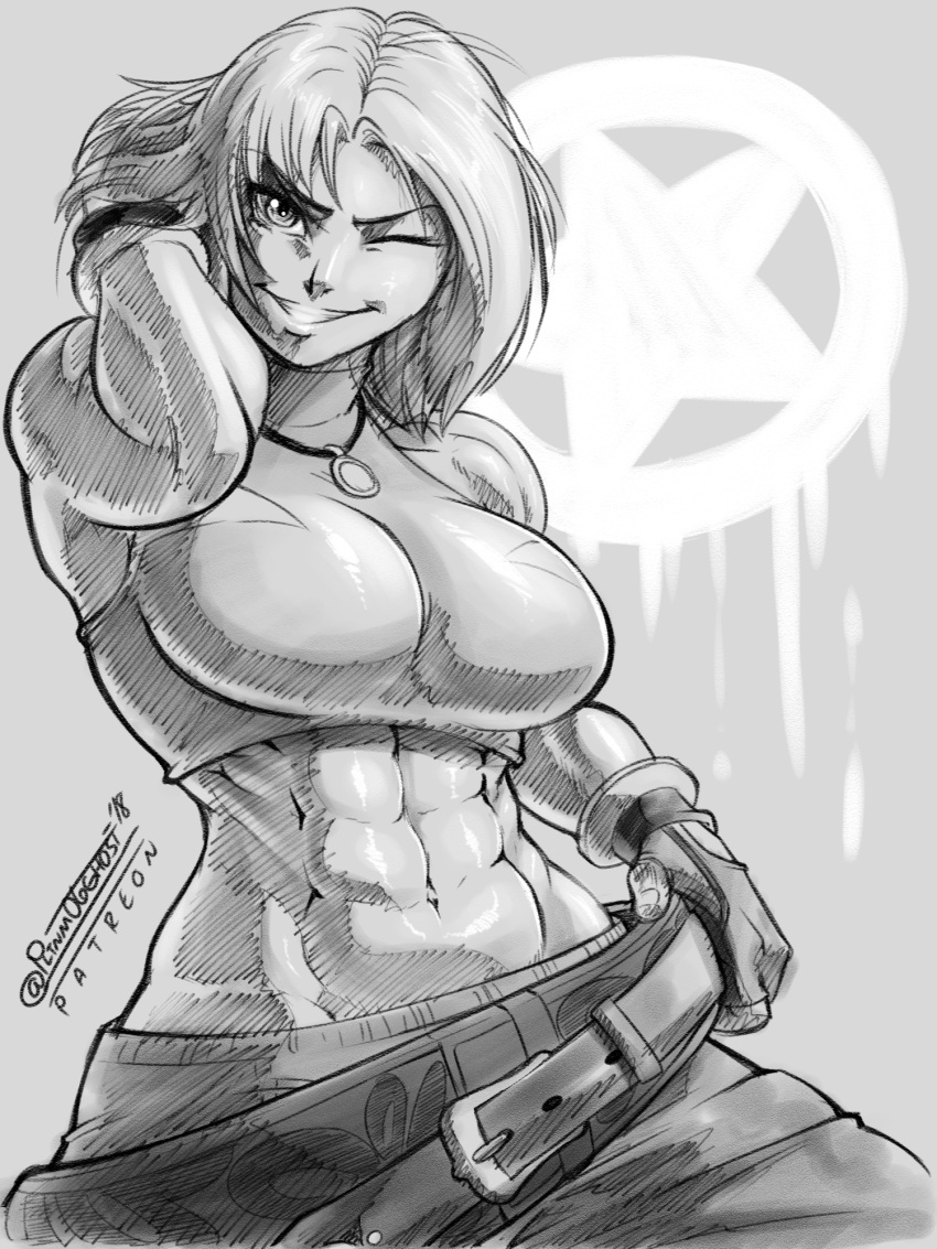 1girl, 2018, ;d, abs, baggy_pants, belt, blue_mary, breasts