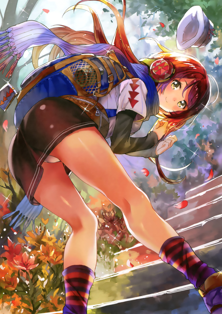 1girl, 77gl, absurdres, backlighting, backpack, bag, bare_legs, bent_over