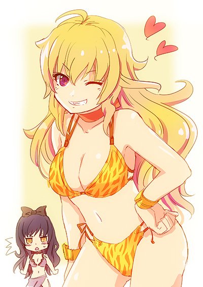 2girls, ahoge, bikini, black_bow, black_hair, blake_belladonna, blonde_hair, bow