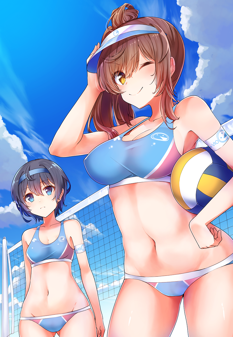 2girls, armband, beach_volleyball, bikini, black_hair, blue_bikini, blue_eyes, blue_hair