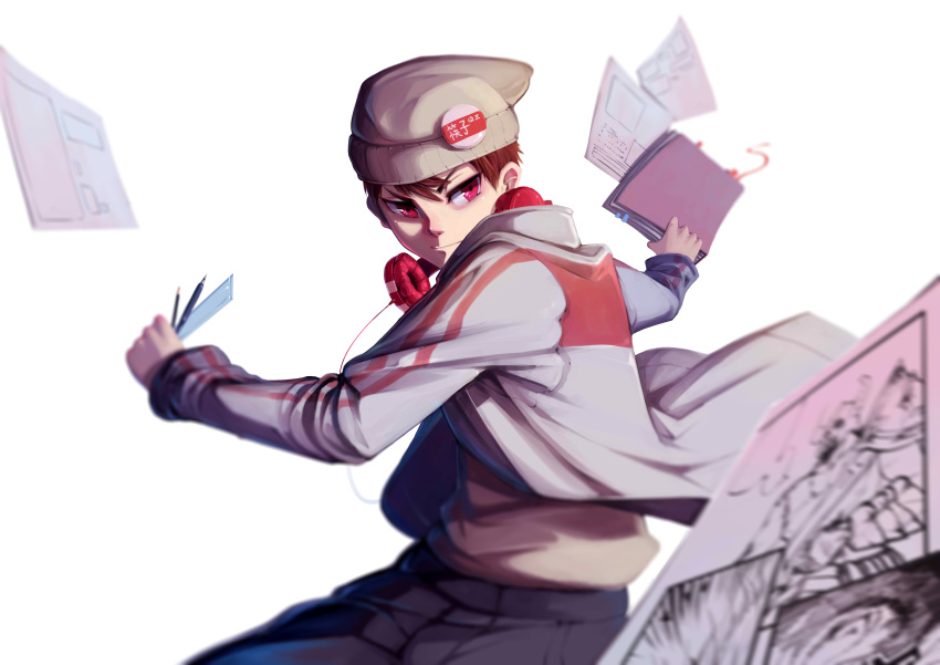 1boy, absurdres, beanie, bookmark, dip_pen, drawing, hat, headphones, headphones_around_neck, highres, holding, mechanical_pencil, orange_hair, original, paper, pen, pencil, quick_(quickzhi), red_eyes, ruler, simple_background, sketchbook, solo, white_background