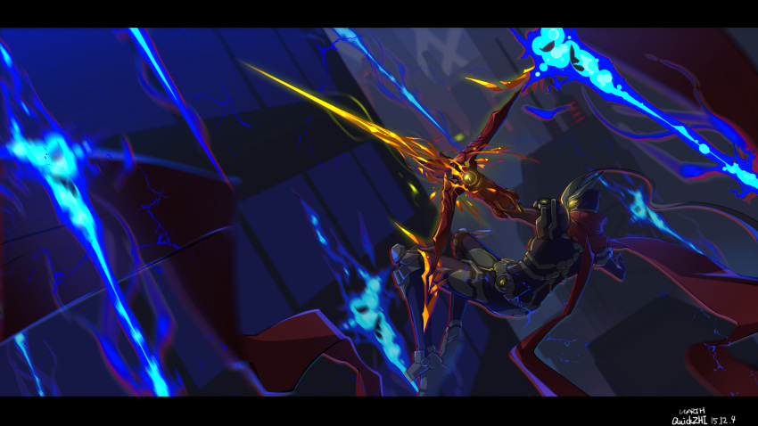 1boy, 2015, armor, arrow, belt, bow_(weapon), building, city_lights