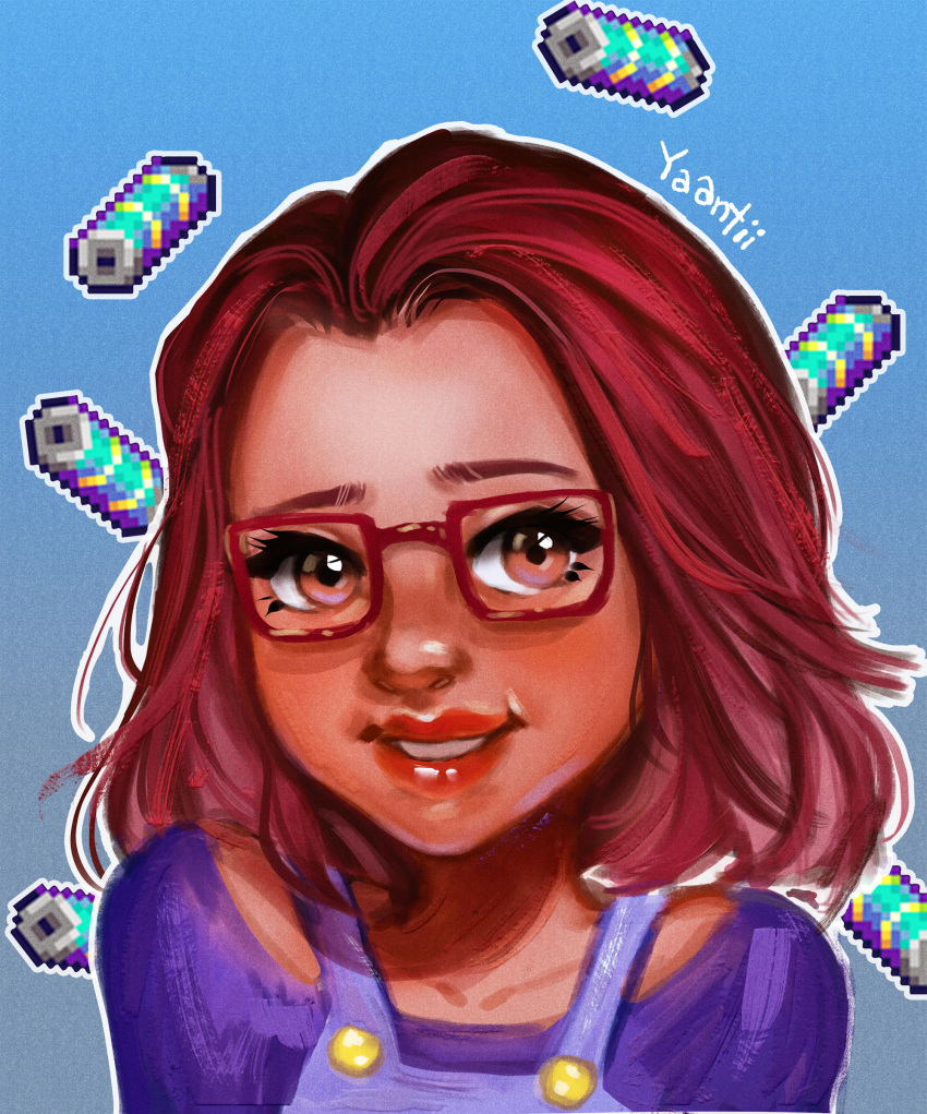 1girl, absurdres, artist_name, blue_background, brown_eyes, commentary, english_commentary, glasses