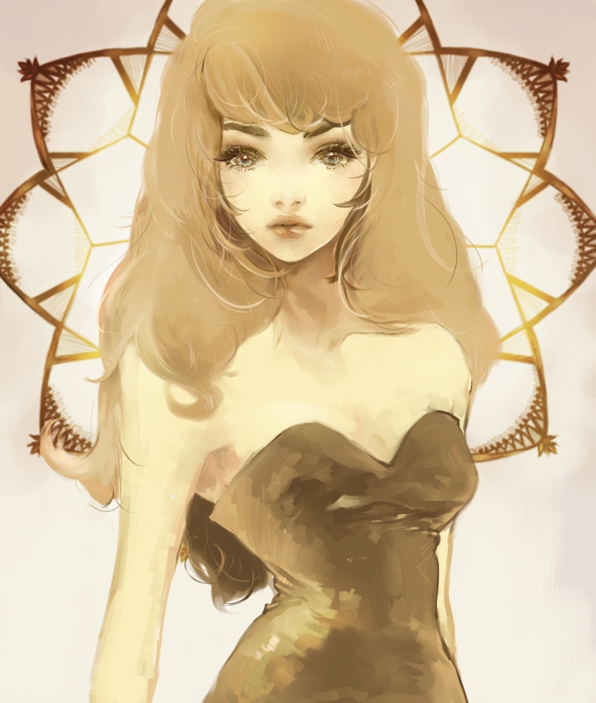 1girl, arms_at_sides, bare_shoulders, black_dress, closed_mouth, commentary, conniekims, dress, english_commentary, hair_over_shoulder, light_brown_hair, lips, long_hair, looking_at_viewer, original, solo, strapless, strapless_dress