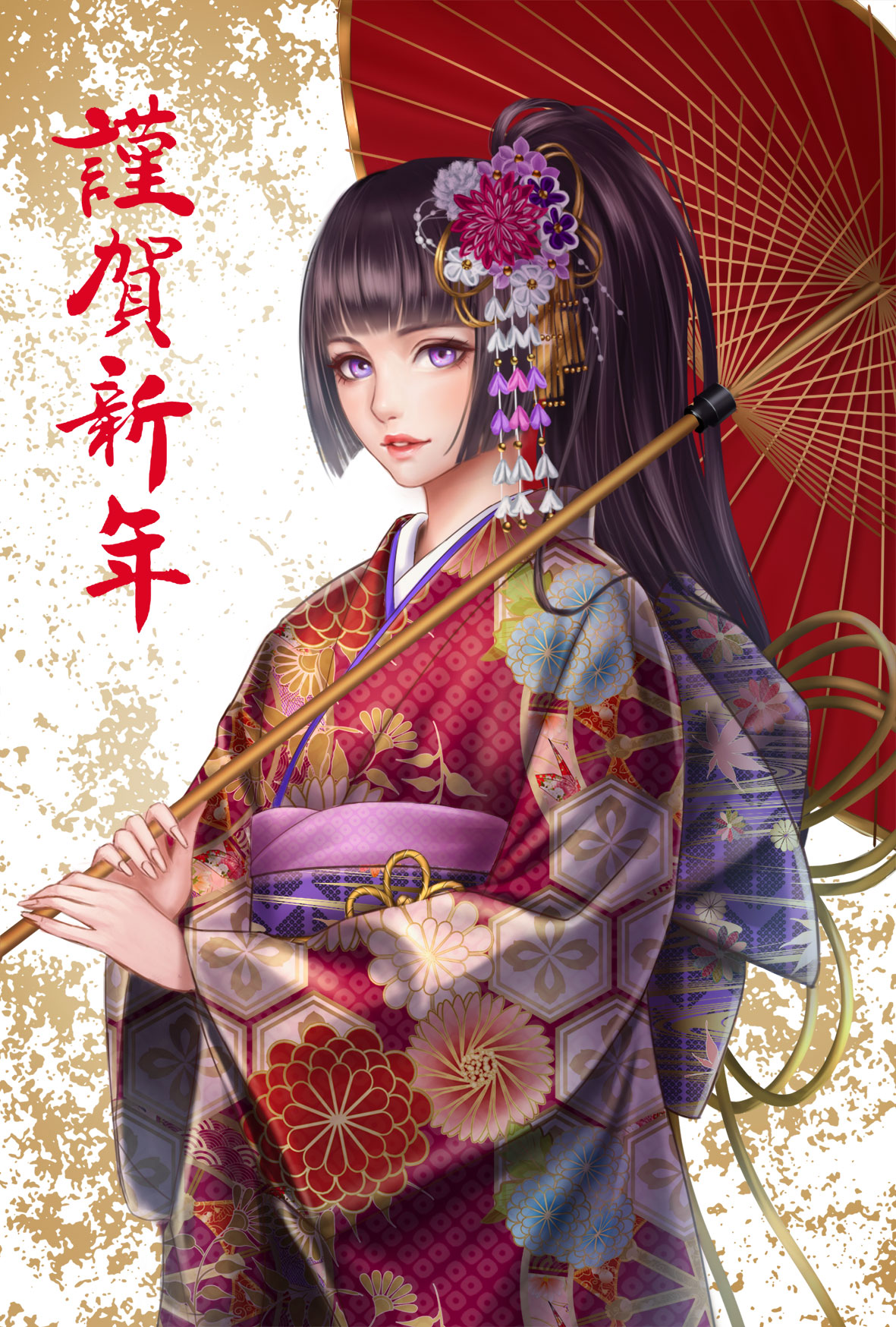 1girl, black_hair, floral_print, flower, furisode, hair_flower, hair_ornament, happy_new_year