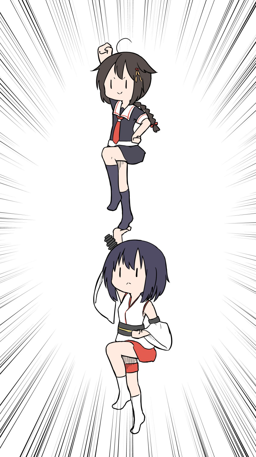 2girls, absurdres, ahoge, black_hair, black_serafuku, braid, cheno_(amakuchi_mustard), commentary_request