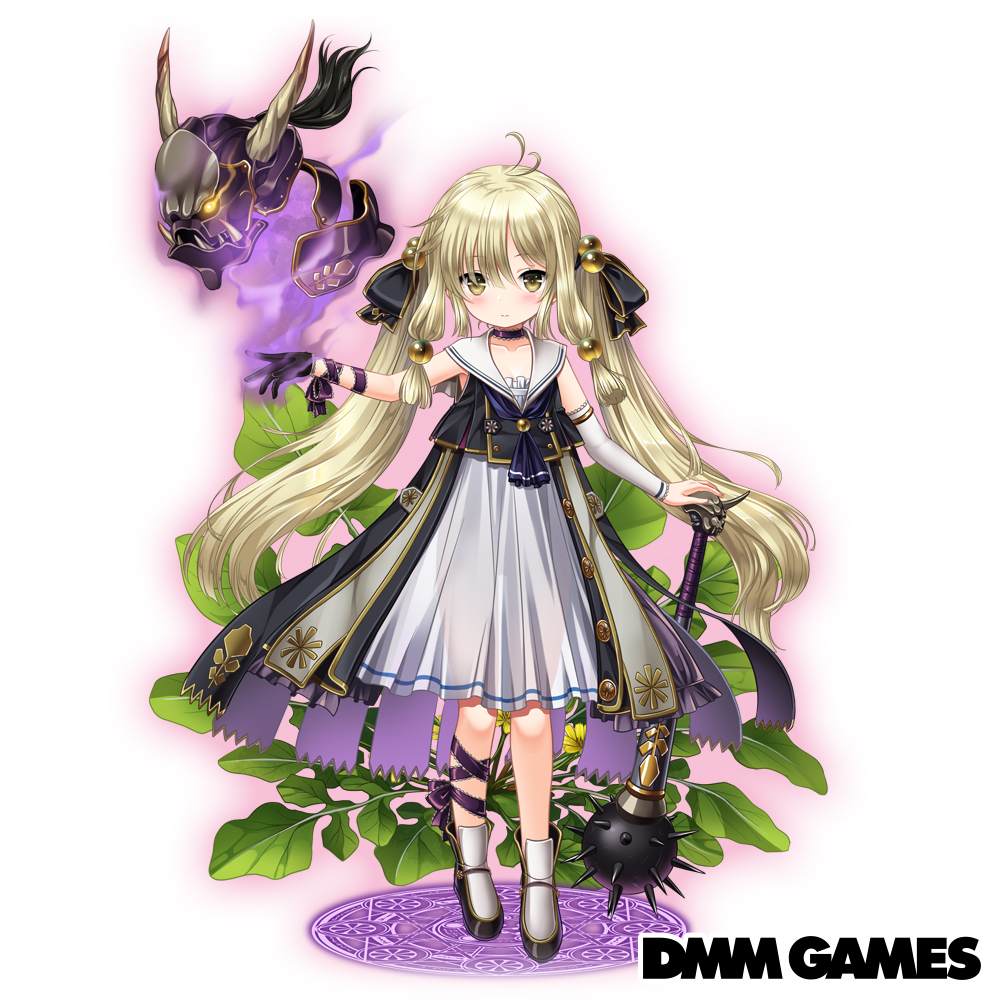 1girl, blonde_hair, braid, club, copyright_name, costume_request, dmm, floral_background
