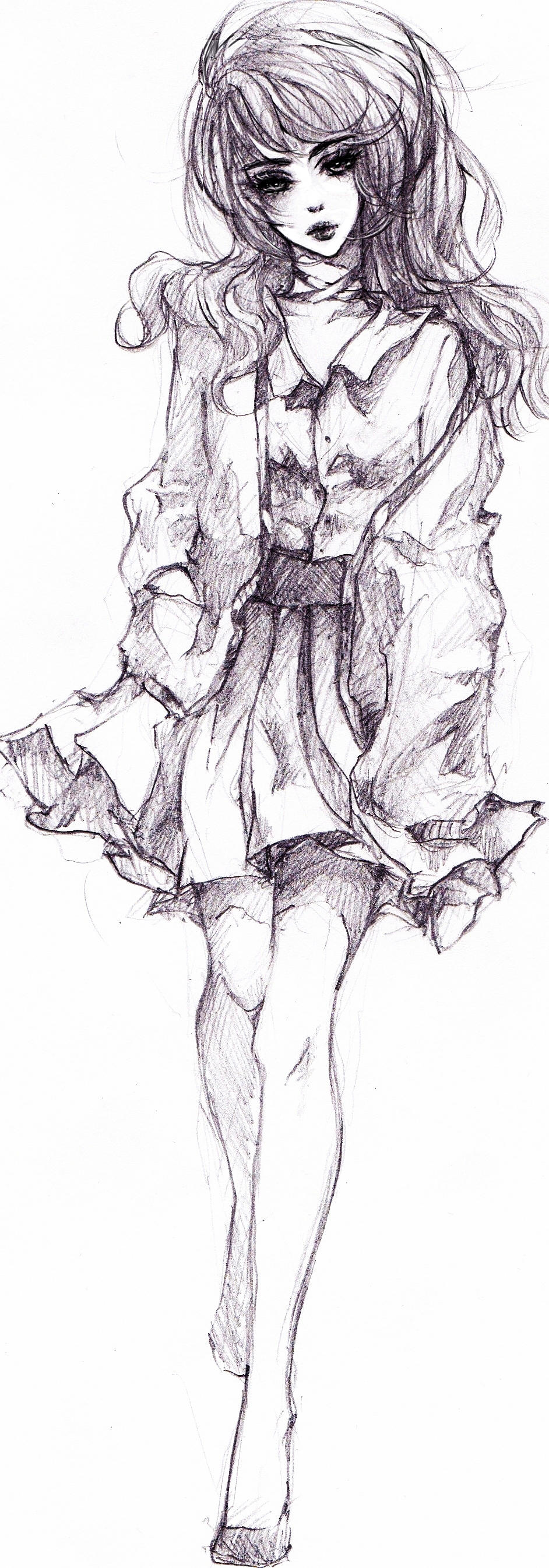 1girl, absurdres, collared_shirt, commentary, conniekims, english_commentary, full_body, greyscale