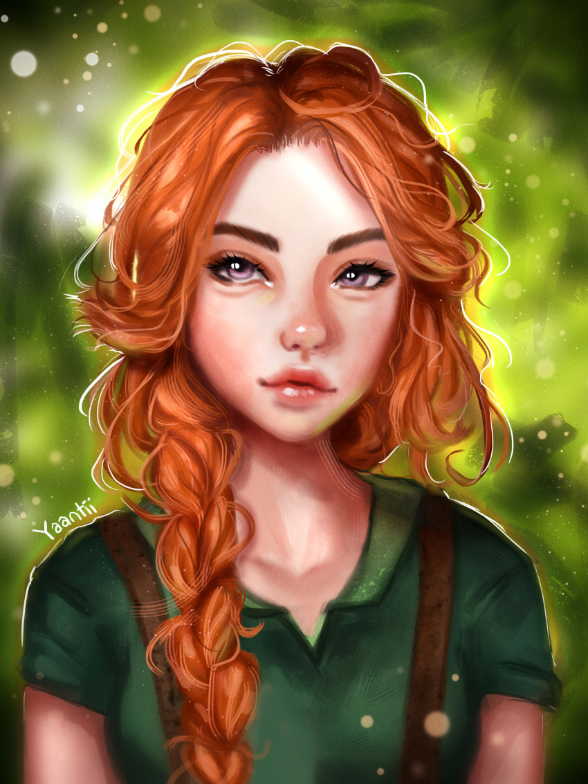 1girl, absurdres, arms_at_sides, artist_name, braid, collared_shirt, green_shirt, highres