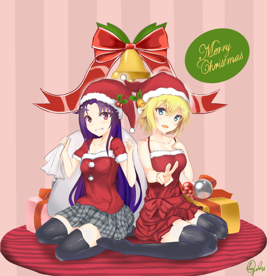 2girls, argo_(sao), bell, blonde_hair, blue_eyes, box, christmas, christmas_ornaments