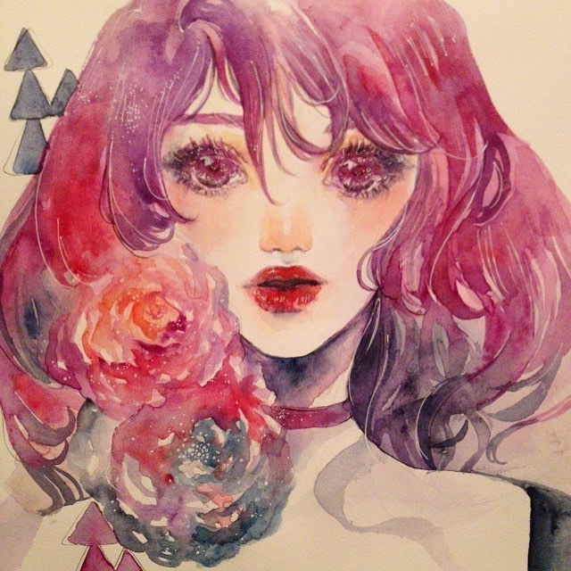 1girl, choker, commentary, conniekims, english_commentary, flower, lipstick, looking_at_viewer