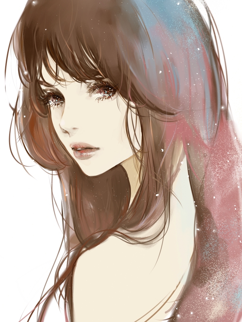 1girl, bangs, bare_shoulders, brown_eyes, brown_hair, commentary, conniekims, english_commentary, hair_over_shoulder, lips, long_hair, looking_at_viewer, original, simple_background, solo, upper_body, white_background