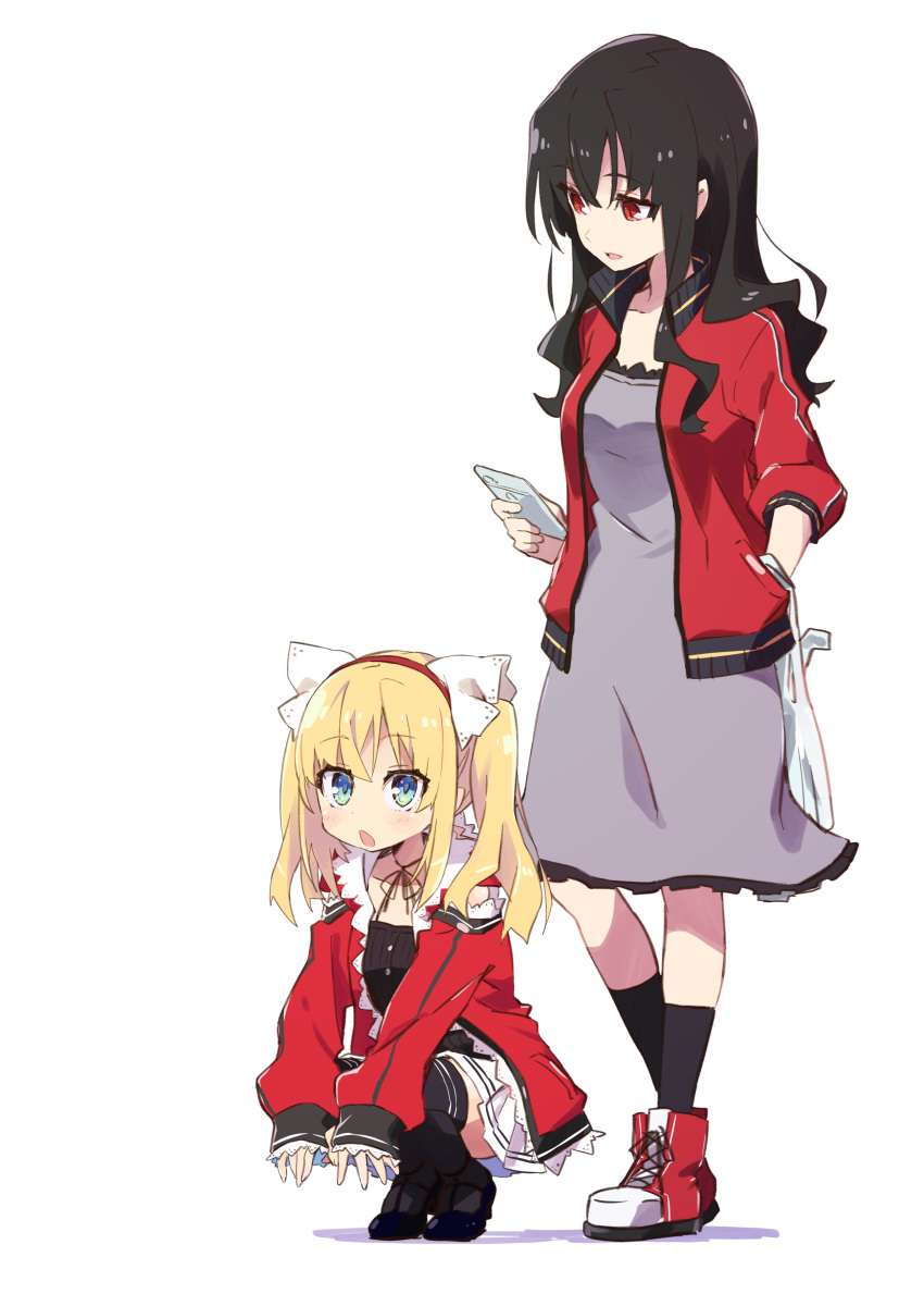 2girls, absurdres, amaryllis_class, bag, bangs, black_footwear, black_hair, black_legwear