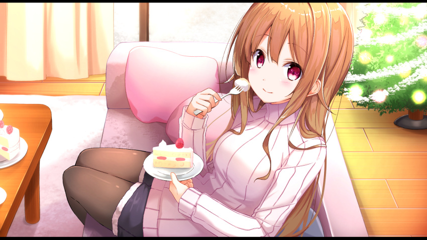1girl, bangs, black_legwear, black_shorts, blush, breasts, brown_hair, cake