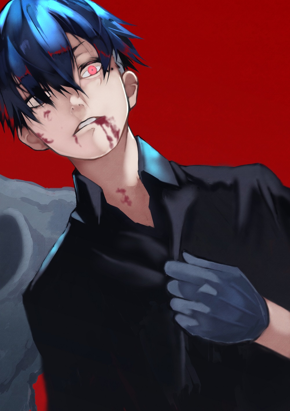 1boy, 55level, black_hair, black_shirt, blood, blood_in_mouth, blood_on_face, blue_eyes