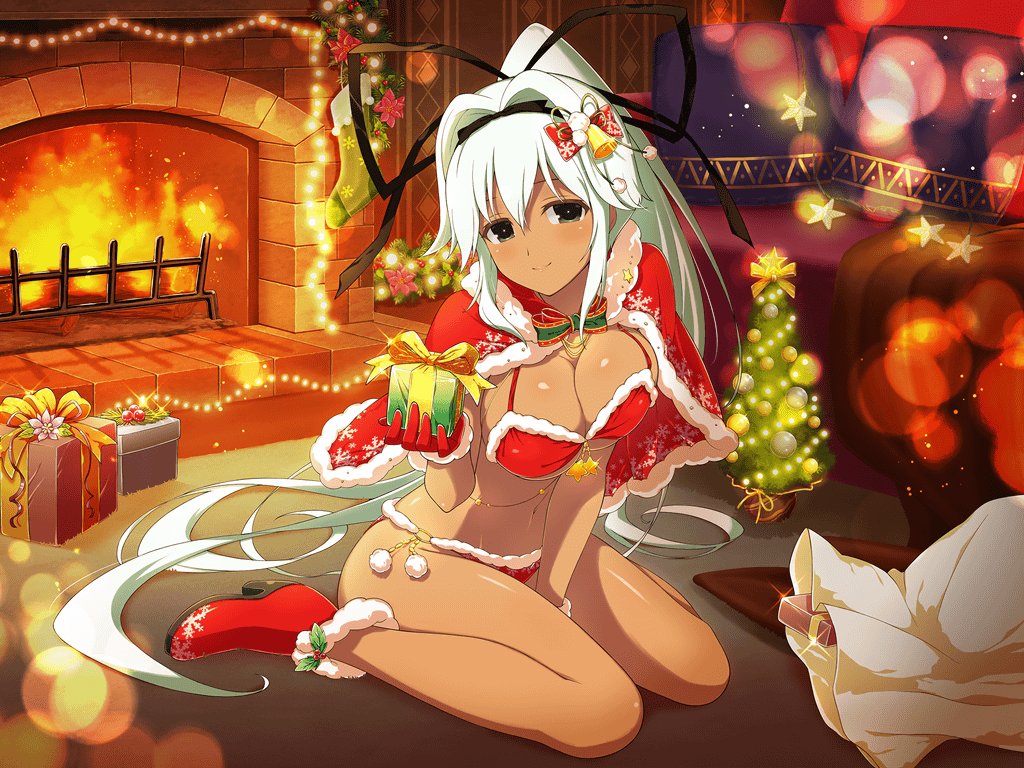 1girl, bikini, black_eyes, black_ribbon, box, breasts, cape, christmas