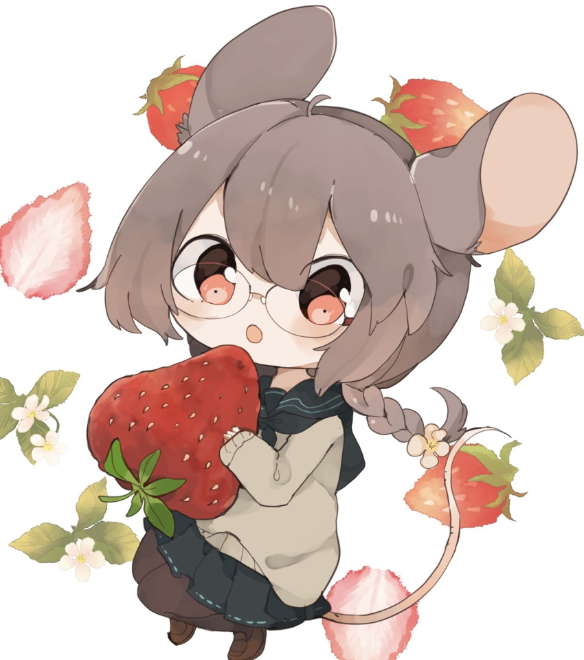 1girl, animal_ears, braid, byako_(srktn), chibi, flower, food, fruit