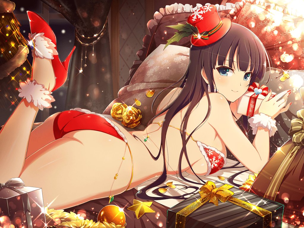 1girl, ass, bikini, black_hair, blue_eyes, box, breasts, christmas