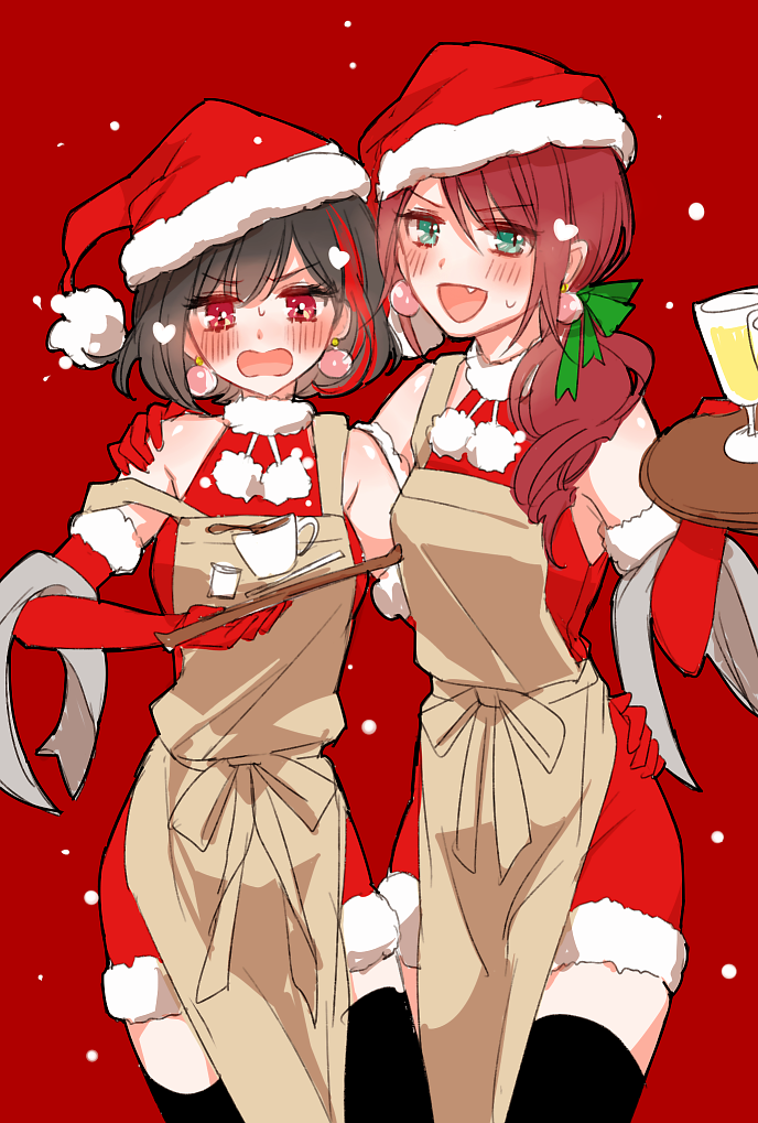 2girls, :d, apron, arm_around_shoulder, arm_around_waist, bang_dream!, bangs, black_hair, blush, bow, brown_apron, chino_machiko, christmas, creamer_(vessel), cup, dress, earrings, fang, fur-trimmed_dress, gloves, green_eyes, green_ribbon, hair_over_shoulder, hair_ribbon, hat, heart, holding, holding_tray, jewelry, long_hair, looking_at_viewer, mitake_ran, multicolored_hair, multiple_girls, open_mouth, pom_pom_(clothes), ponytail, red_bow, red_dress, red_gloves, redhead, ribbon, santa_costume, santa_hat, saucer, short_hair, sleeveless, sleeveless_dress, smile, snowing, strap_slip, streaked_hair, sweatdrop, teacup, towel, tray, udagawa_tomoe, violet_eyes, waitress