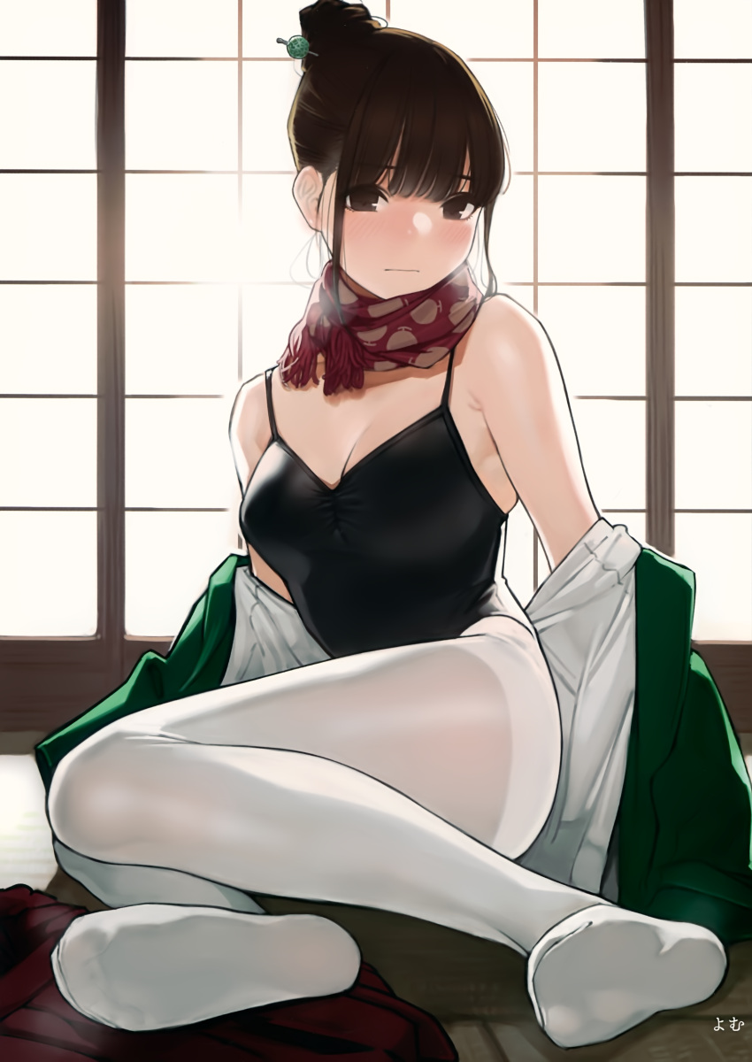 1girl, absurdres, backlighting, bangs, bare_shoulders, black_leotard, blunt_bangs, blush, breasts, brown_eyes, cleavage, closed_mouth, collarbone, eyebrows_visible_through_hair, fringe_trim, full_body, gymnast_leotard, hair_bun, hair_ornament, hair_stick, highres, leotard, light_frown, medium_breasts, melonbooks, off_shoulder, on_floor, open_clothes, pantyhose, polka_dot, polka_dot_scarf, red_scarf, scan, scarf, short_hair, sidelocks, sitting, soles, solo, tatami, white_legwear, yokozuwari, yomu_(sgt_epper)