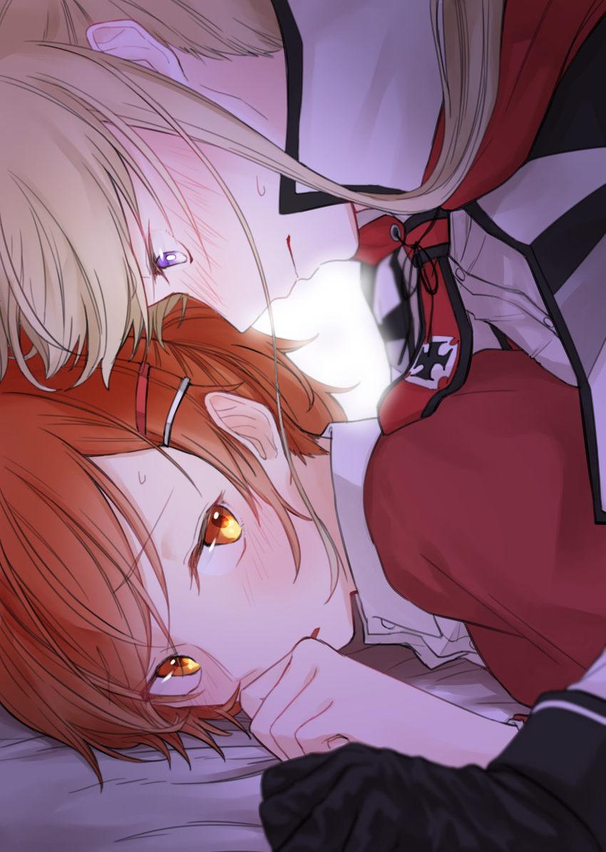 2girls, absurdres, aquila_(kantai_collection), arm_support, bangs, bed_sheet, black_gloves, blonde_hair