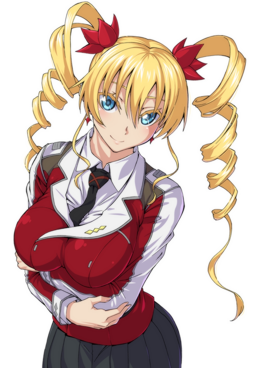 1girl, black_neckwear, blonde_hair, blue_eyes, claire_harvey, drill_hair, earrings, hair_between_eyes