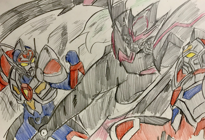 3boys, absurdres, acceptor, alexis_kerib, armor, battle, clenched_hands, commentary, denkou_choujin_gridman, denkou_choujin_gridman:_boys_invent_great_hero, gridman_(character), gridman_sigma, highres, holding, holding_sword, holding_weapon, katu1753, male_focus, multiple_boys, no_humans, no_pupils, pose, red_eyes, shoulder_armor, ssss.gridman, sword, tokusatsu, translation_request, visor, weapon, yellow_eyes