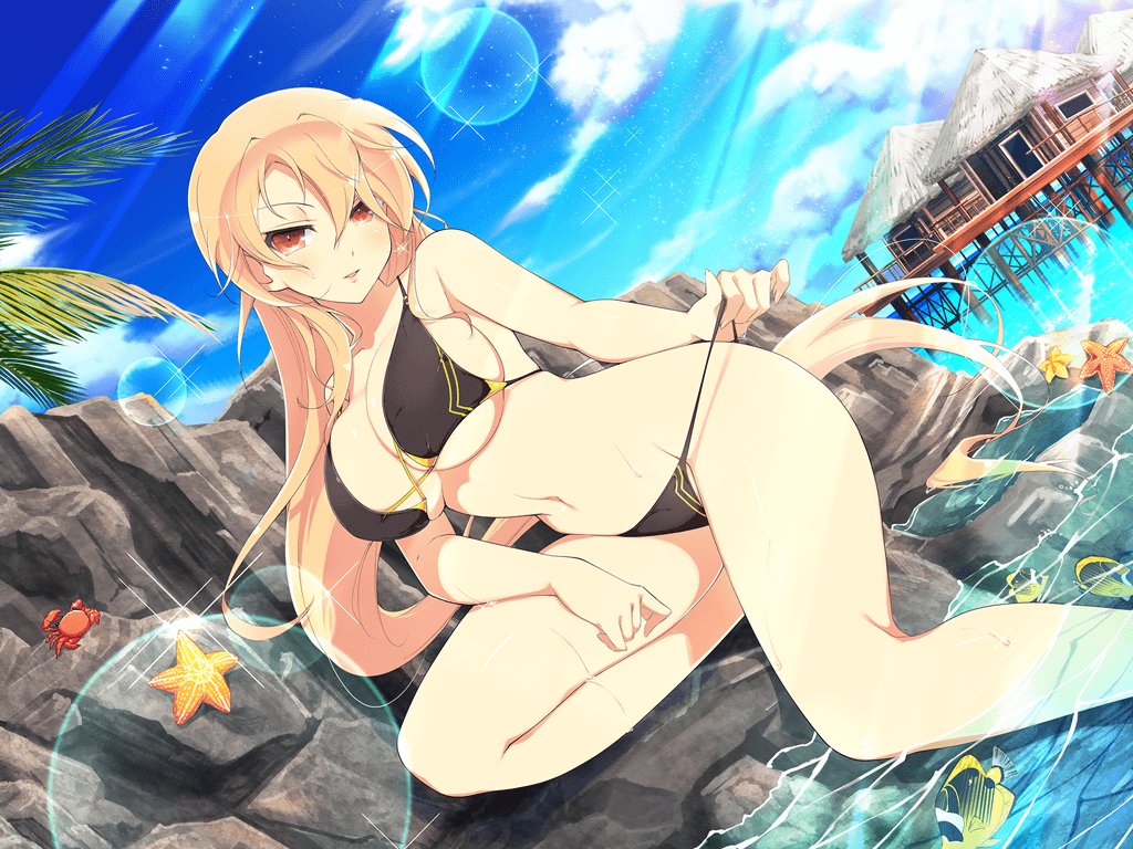 1girl, bikini, black_bikini, blonde_hair, blush, breasts, crab, day, fish, large_breasts, long_hair, looking_at_viewer, navel, ocean, official_art, palm_leaf, parted_lips, red_eyes, senran_kagura, senran_kagura_new_link, solo, souji_(senran_kagura), starfish, swimsuit, very_long_hair, water, wet, yaegashi_nan