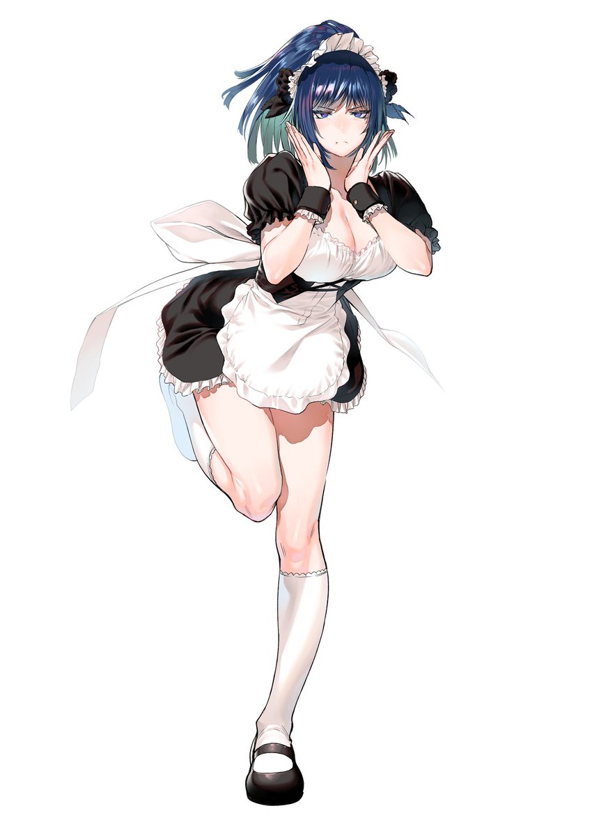 1girl, alternate_costume, apron, azuma_kyoutarou, blue_eyes, blue_hair, breasts, cleavage, enmaided, expressionless, frills, full_body, highres, large_breasts, leona_heidern, long_hair, looking_at_viewer, maid, maid_apron, maid_headdress, ponytail, ribbon, snk, snk_heroines:_tag_team_frenzy, solo, standing, standing_on_one_leg, the_king_of_fighters