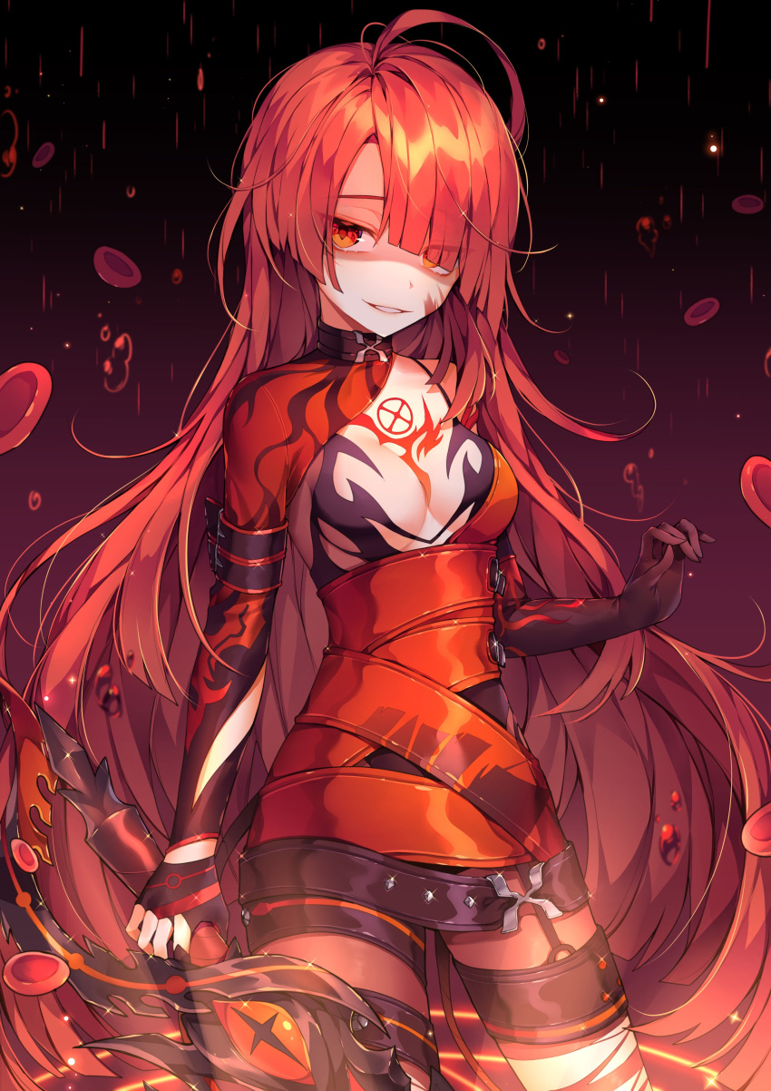 1girl, absurdres, ahoge, asymmetrical_clothes, black_gloves, bloody_queen_(elsword), breasts, chest_tattoo, cleavage, cowboy_shot, elesis_(elsword), elsword, gloves, grey_background, ha_youn, highres, long_hair, looking_at_viewer, medium_breasts, open_mouth, orange_eyes, pantyhose, redhead, smile, solo, tattoo