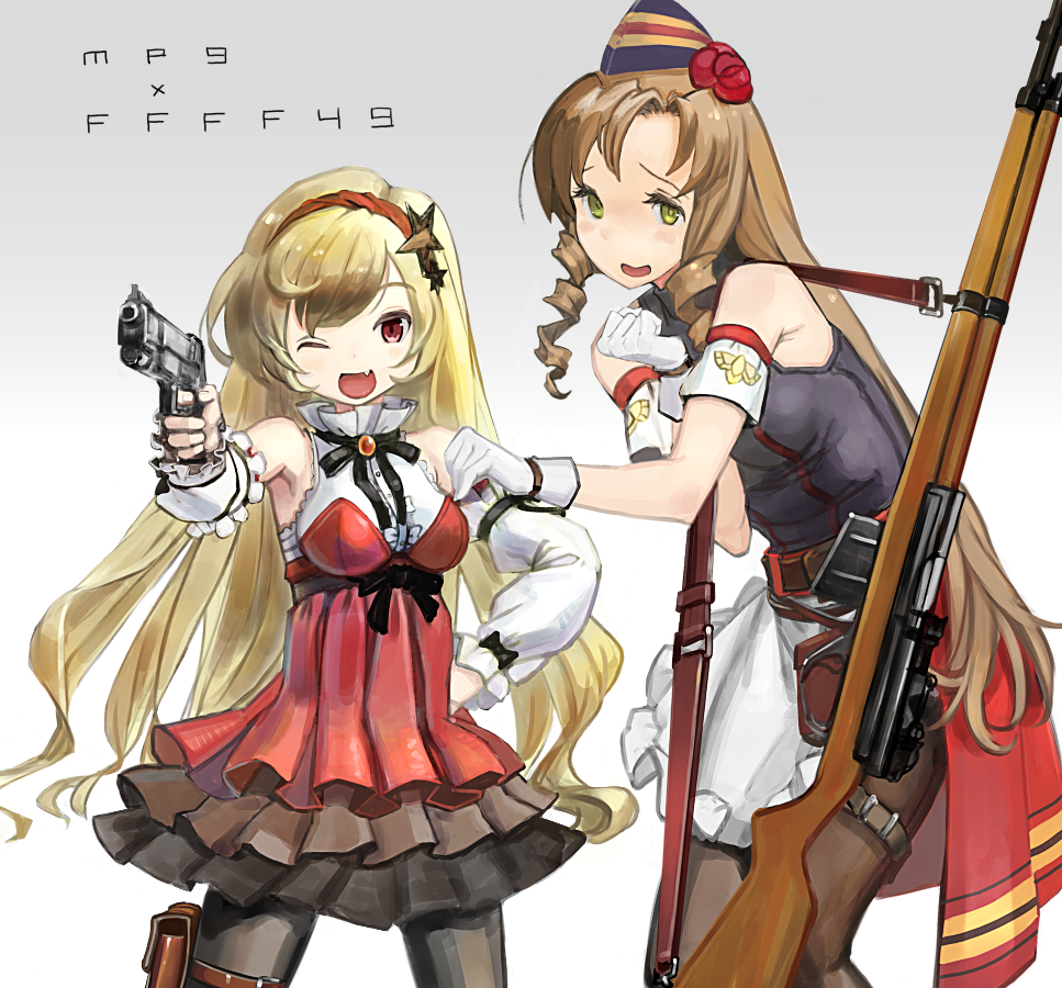 2girls, arm_warmers, bangs, belt, beretta_m9, black_legwear, blonde_hair, blush, bow, breasts, brown_hair, character_name, commentary_request, dress, drill_locks, fang, fn-49, fn-49_(girls_frontline), frilled_dress, frills, girls_frontline, gloves, green_eyes, gun, hair_ornament, hairband, hat, kesomaru, layered_skirt, long_hair, looking_at_viewer, m9_(girls_frontline), multiple_girls, open_mouth, pantyhose, red_dress, red_eyes, ribbon, rifle, simple_background, skirt, small_breasts, smile, weapon, white_gloves, white_skirt
