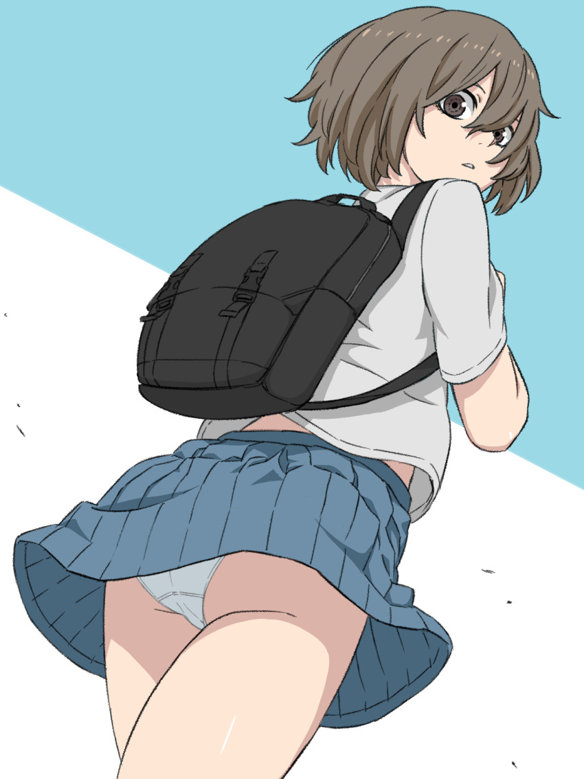 1girl, ass, backpack, bag, blue_skirt, brown_eyes, brown_hair, commentary_request