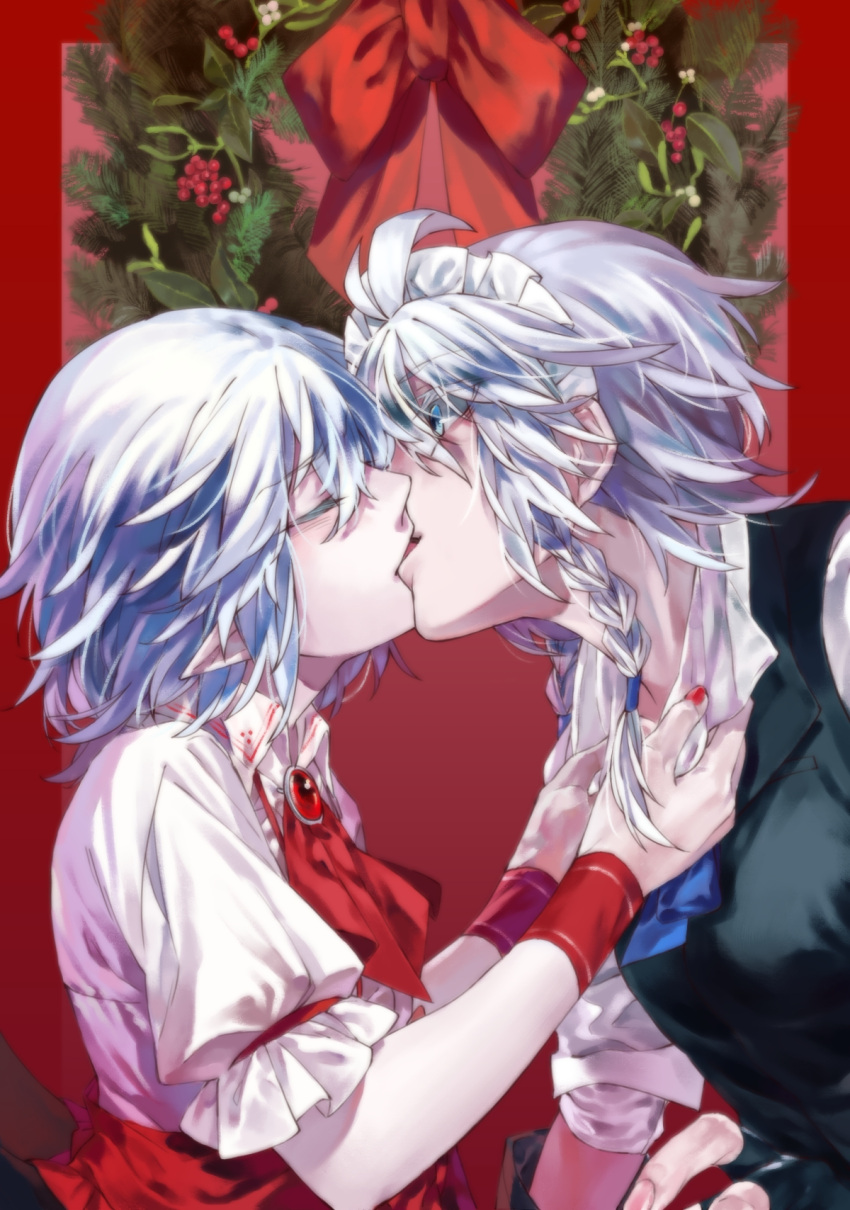 2girls, black_vest, blouse, blue_eyes, blue_neckwear, braid, brooch, christmas_wreath, closed_eyes, collar_grab, cravat, eyebrows_visible_through_hair, eyelashes, from_side, hair_between_eyes, hair_ribbon, highres, indoors, izayoi_sakuya, jewelry, kiss, light_blue_hair, looking_at_another, maid_headdress, multiple_girls, nail_polish, pink_blouse, pointy_ears, red_background, red_nails, red_neckwear, remilia_scarlet, ribbon, sash, shirt, short_hair, shouzuo, silver_hair, sleeves_rolled_up, touhou, tress_ribbon, twin_braids, upper_body, vest, white_shirt, wrist_cuffs, yuri