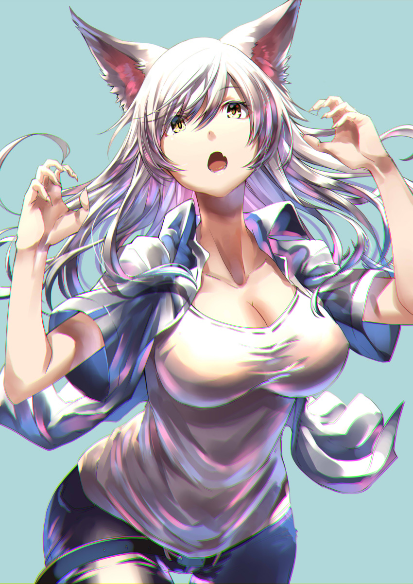 1girl, absurdres, animal_ears, bakemonogatari, bangs, black_hanekawa, blue_pants, blue_shirt