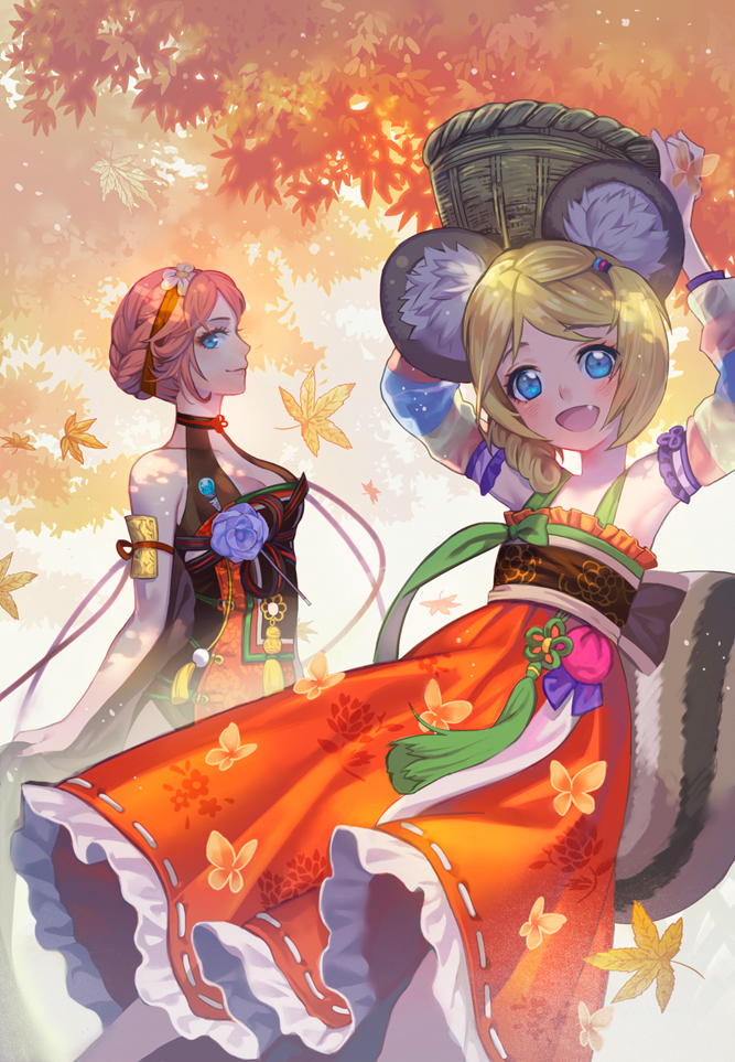 2girls, :d, animal_ear_fluff, animal_ear_request, animal_ears, armpits, arms_up, autumn_leaves