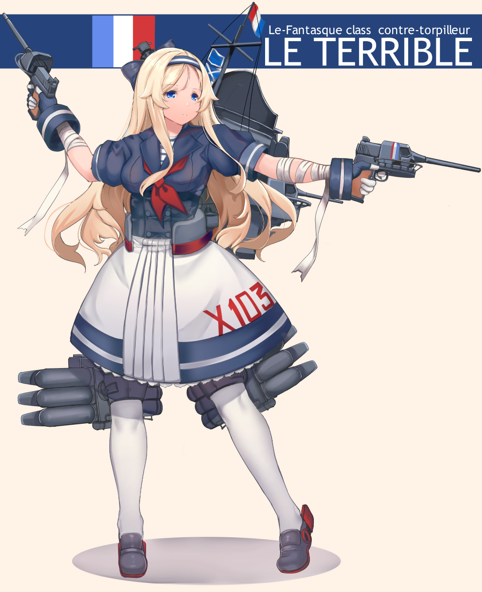 1girl, bandage, bandaged_arm, bandages, bangs, blonde_hair, blue_eyes, blue_shirt, breasts, cannon, character_name, chiyo_goya, commentary, destroyer, english_commentary, full_body, gloves, hairband, le_terrible_(destroyer), long_hair, machinery, medium_breasts, military, military_vehicle, original, parted_bangs, personification, ship, shirt, short_sleeves, sidelocks, skirt, smokestack, solo, standing, torpedo_tubes, turret, warship, watercraft, white_legwear, world_of_warships