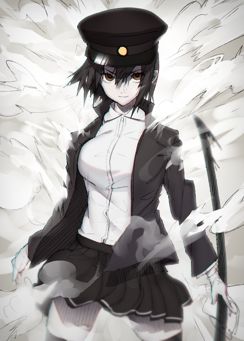 1girl, absurdres, akitsu_maru_(kantai_collection), bangs, black_hair, black_hat, black_skirt, breasts