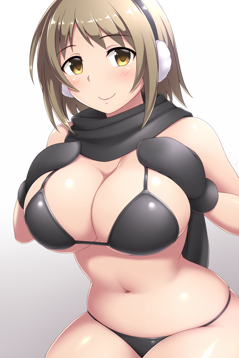 1girl, bangs, bikini, black_bikini, black_mittens, black_scarf, blush, breast_suppress, breasts, brown_eyes, brown_hair, cleavage, closed_mouth, commentary_request, curvy, earmuffs, eyebrows_visible_through_hair, half-closed_eyes, hands_up, highres, idolmaster, large_breasts, light_brown_eyes, light_brown_hair, looking_at_viewer, medium_hair, mimura_kanako, mittens, narrow_waist, navel, pataniito, plump, scarf, skindentation, smile, solo, string_bikini, swimsuit, under_boob