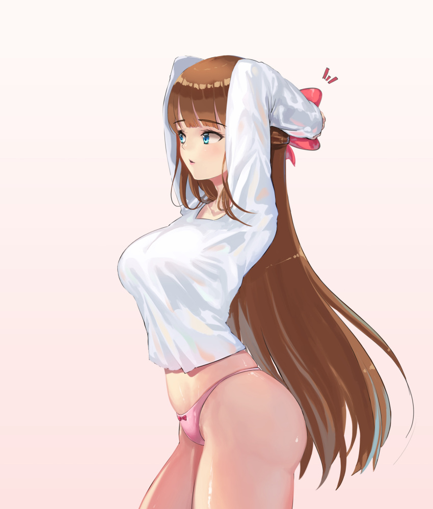 1girl, arms_behind_head, arms_up, bangs, blue_eyes, blunt_bangs, bow, bow_panties