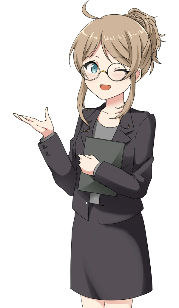 1girl, ;d, black_jacket, black_skirt, blue_eyes, brown_hair, collarbone, cowboy_shot