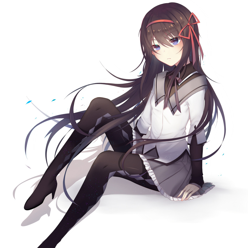 1girl, absurdres, akemi_homura, arm_support, black_footwear, black_hair, black_legwear, blue_eyes