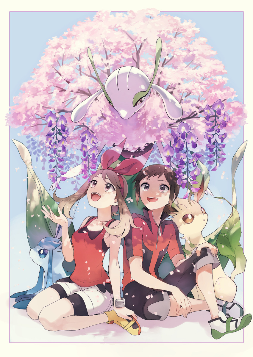 1boy, 1girl, :d, bike_shorts, black_shorts, bow, bracelet, brown_eyes