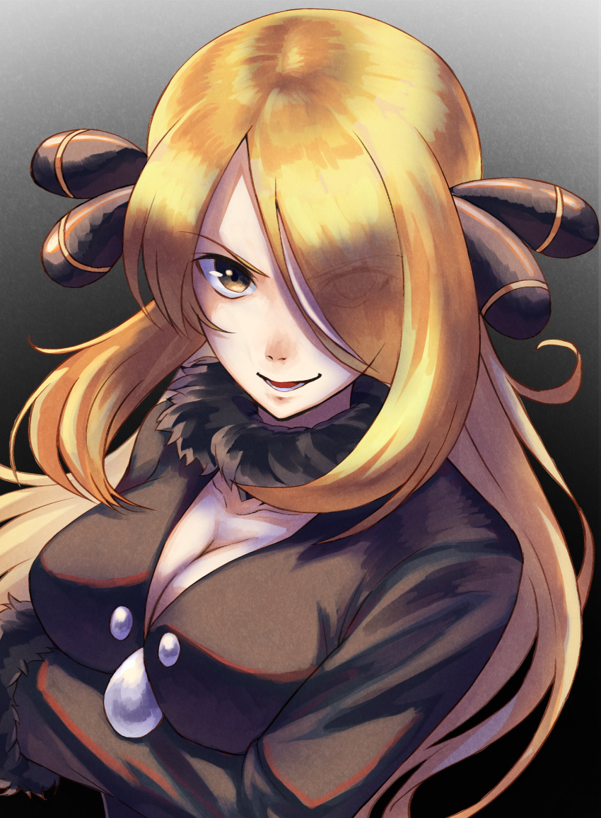 1girl, :d, absurdres, blonde_hair, breasts, brown_eyes, cleavage, creatures_(company)