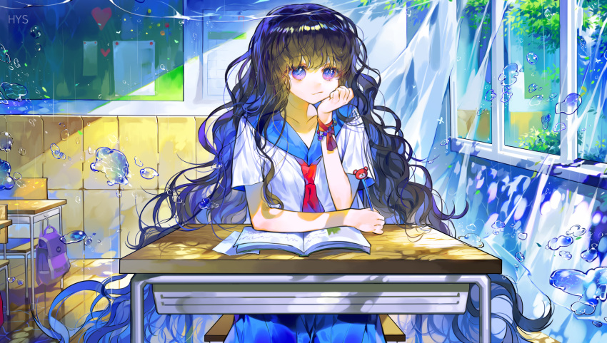1girl, :3, arm_support, backpack, bag, black_hair, blue_eyes, blue_hair, blue_sailor_collar, calendar_(object), chalkboard, chin_rest, classroom, closed_mouth, commentary, curtains, day, english_commentary, fantasy, gradient_hair, hayanse, heart, highres, holding, holding_pencil, indoors, long_hair, looking_at_viewer, multicolored_hair, necktie, original, pencil, purple_backpack, red_neckwear, sailor_collar, shiny_floor, sitting, smile, solo, sunlight, two-tone_hair, very_long_hair, water, white_curtains, window