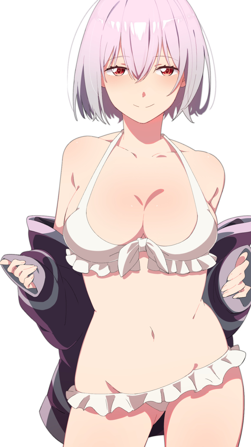 1girl, bare_shoulders, bikini, breasts, cleavage, commentary_request, cowboy_shot, fingernails