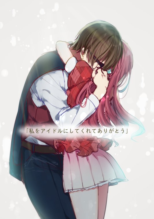 1boy, 1girl, bow, brown_hair, hair_bow, hair_ornament, hug, idol, jacket, jacket_on_shoulders, long_hair, long_sleeves, minamoto_sakura, mizukikushou, pants, polka_dot, polka_dot_bow, puffy_short_sleeves, puffy_sleeves, redhead, short_hair, short_sleeves, skirt, sunglasses, tatsumi_koutarou, translation_request, zombie_land_saga