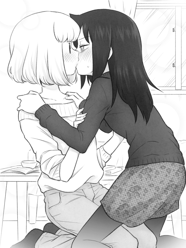 2girls, casual, couple, cup, curtains, greyscale, hands_on_another's_arms, hands_on_another's_shoulders