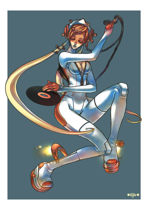 breasts, cleavage, effe, headphones, long_hair, music, record, spandex