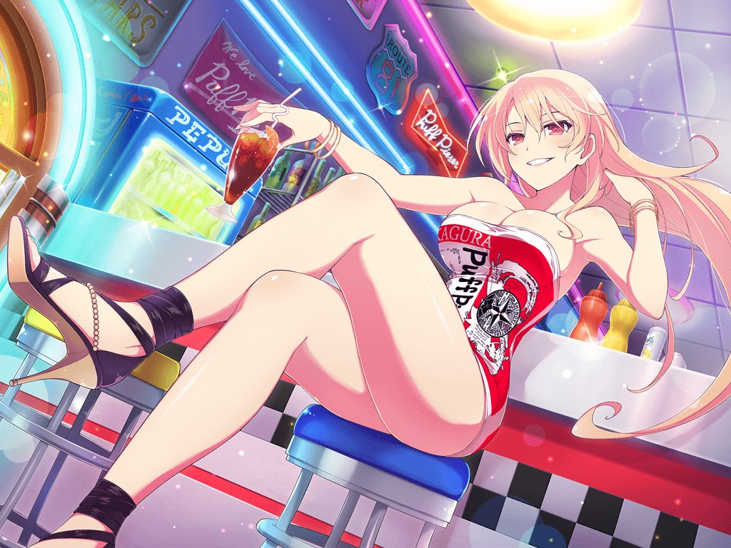 1girl, bare_shoulders, blonde_hair, breasts, cleavage, cup, drink, drinking_glass, drinking_straw, grin, high_heels, indoors, large_breasts, long_hair, looking_at_viewer, neon_lights, official_art, red_eyes, senran_kagura, senran_kagura_new_link, shoes, sign, sitting, smile, solo, souji_(senran_kagura), teeth, very_long_hair, yaegashi_nan
