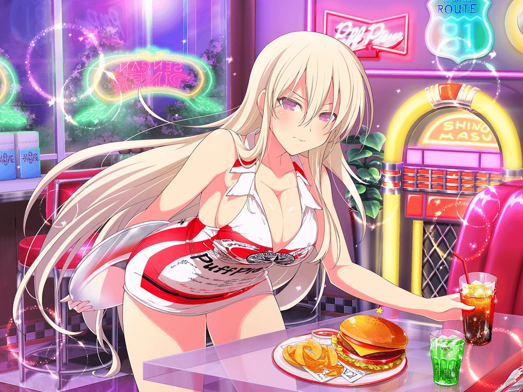 1girl, blonde_hair, blush, breasts, cleavage, closed_mouth, cup, drink